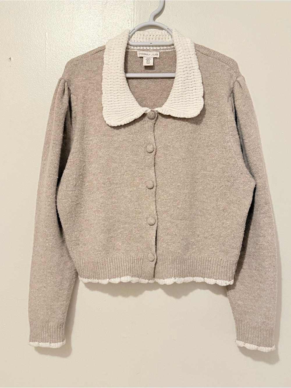 Beige Knit Button-Up Sweater with Contrast Collar - Picture 1 of 4